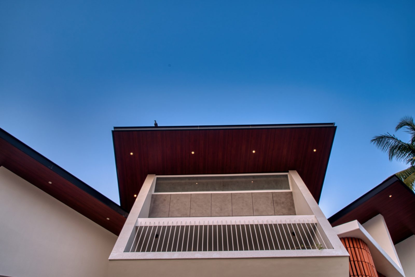 The folded cantilevered roof of Skew House against a deep blue sky, with a louvred clerestory beneath