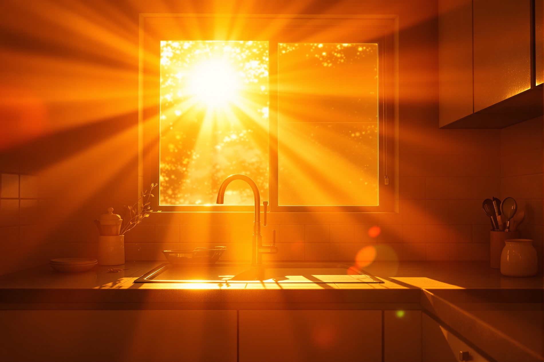 Harsh low west sun blazing through a kitchen window in the late afternoon