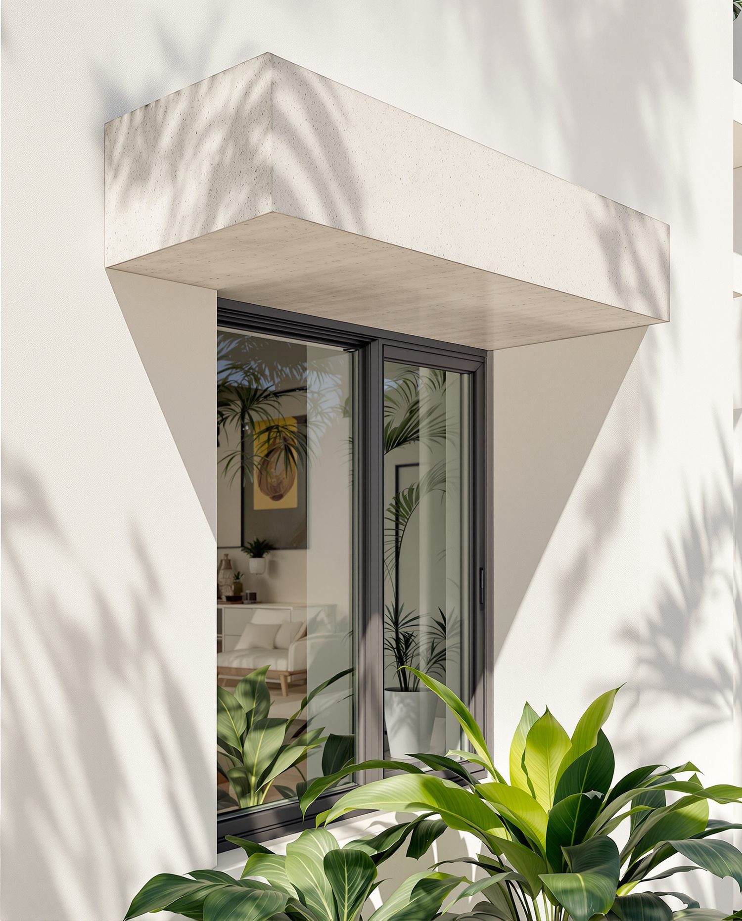 A deep concrete chajja sunshade casting cool shadow over a window