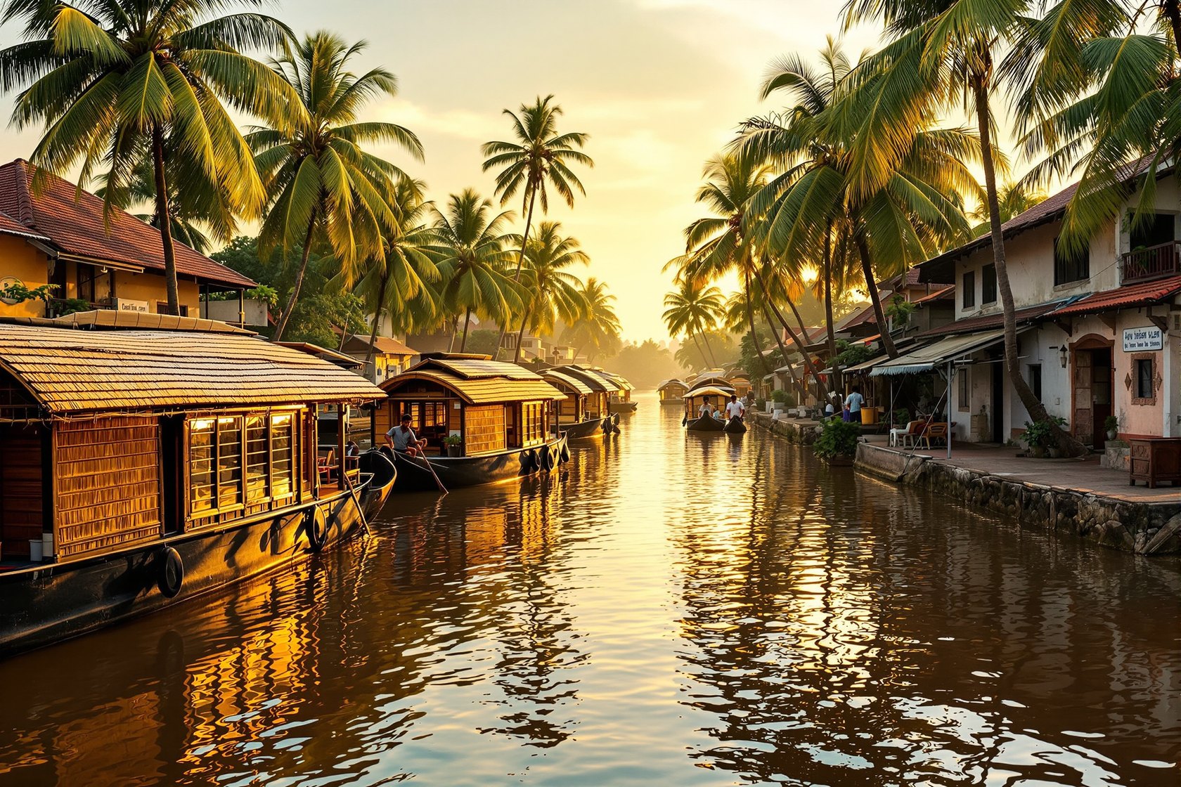 A canal in Alappuzha at golden hour, kettuvallam houseboats moored by old waterfront warehouses