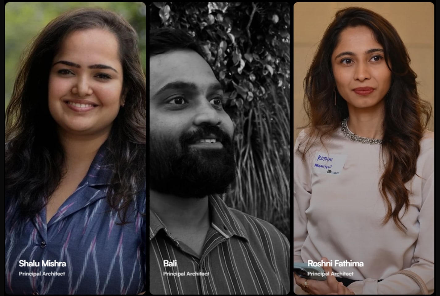 Portraits of the three founders of Studio ALL — Shalu Mishra, Bali and Roshni Fathima, each a principal architect