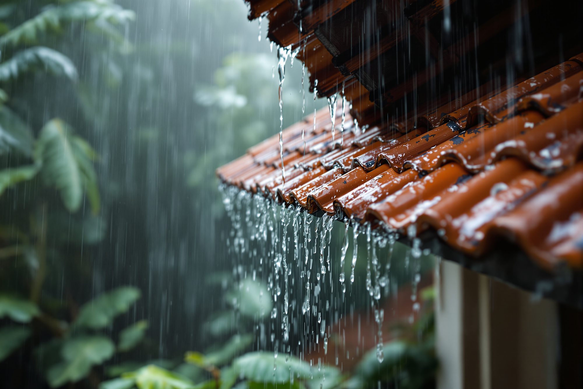 Monsoon rain streaming off the edge of a traditional Kerala clay-tiled roof onto wet greenery below