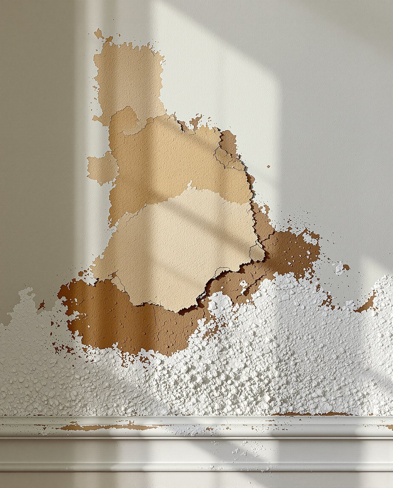 A damp interior wall with a brown patch, peeling paint and a bloom of white salt efflorescence — classic signs of failed waterproofing
