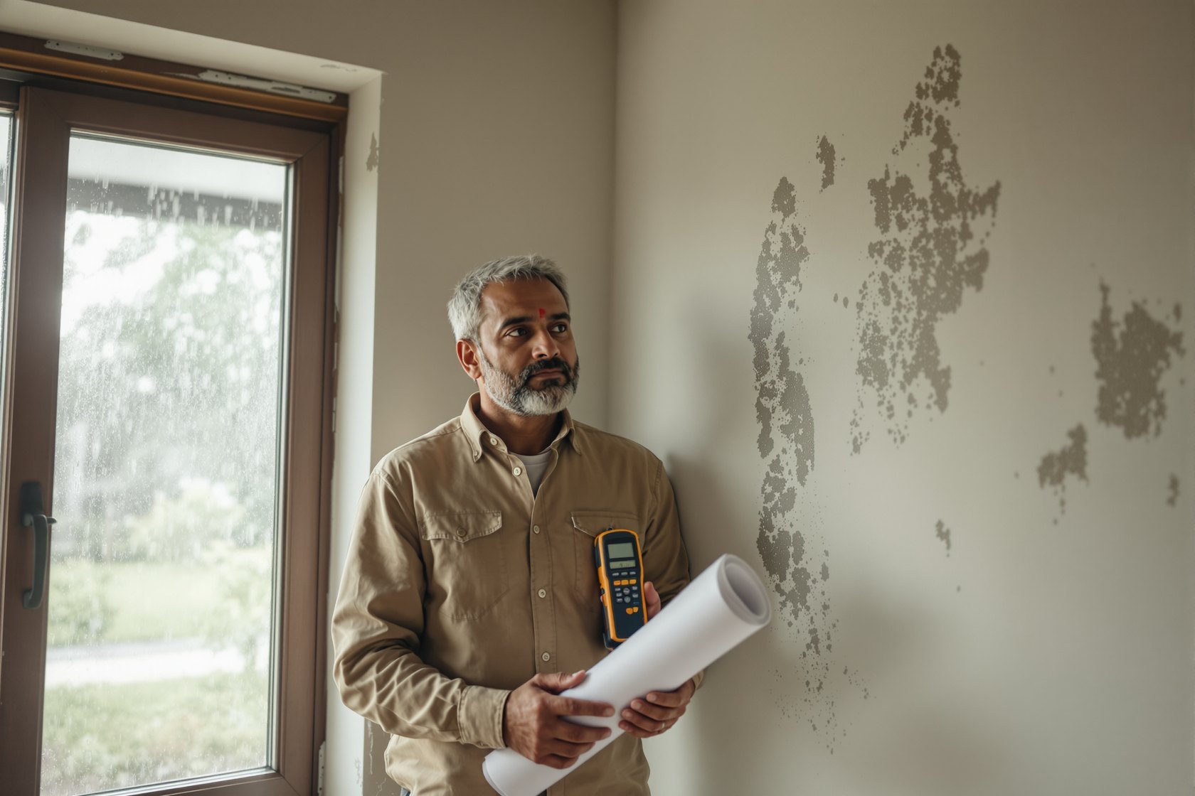 An Indian architect examining a faint damp patch on an interior wall with a moisture meter and a rolled drawing, rain outside