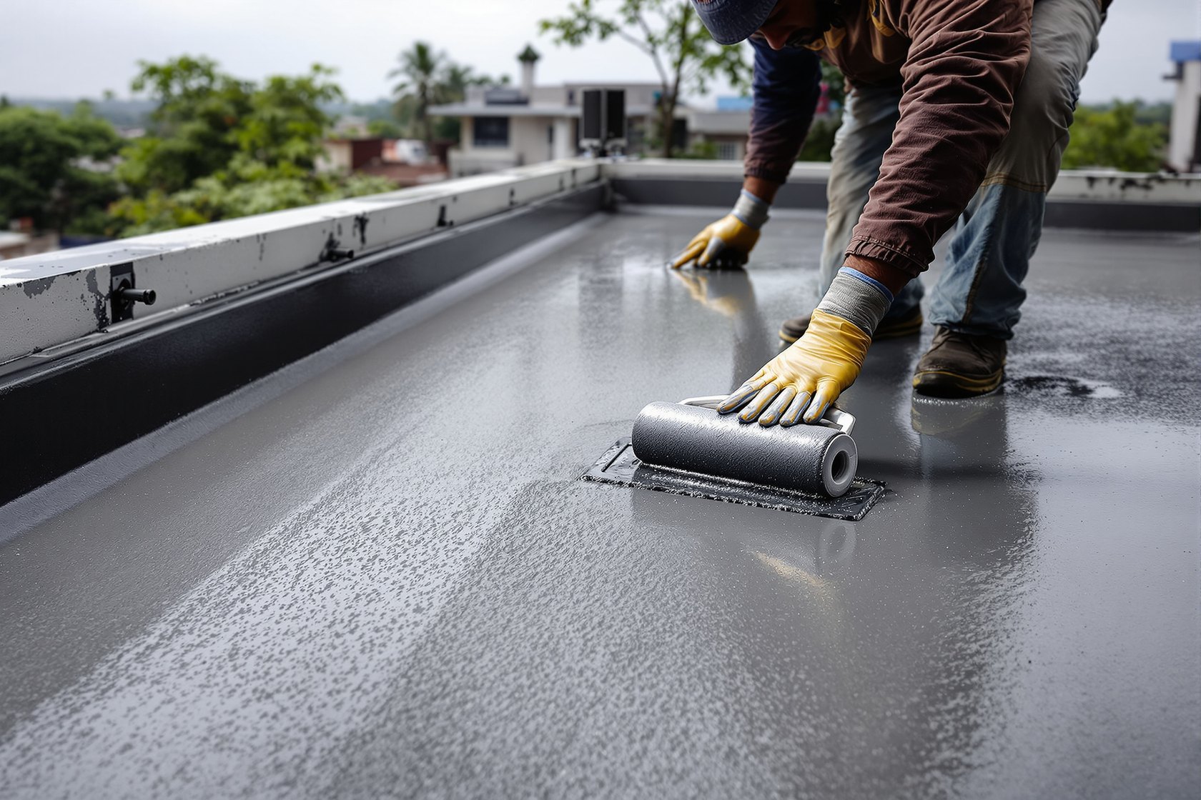 An Indian workman rolling a grey waterproofing membrane onto a prepared terrace roof before the monsoon
