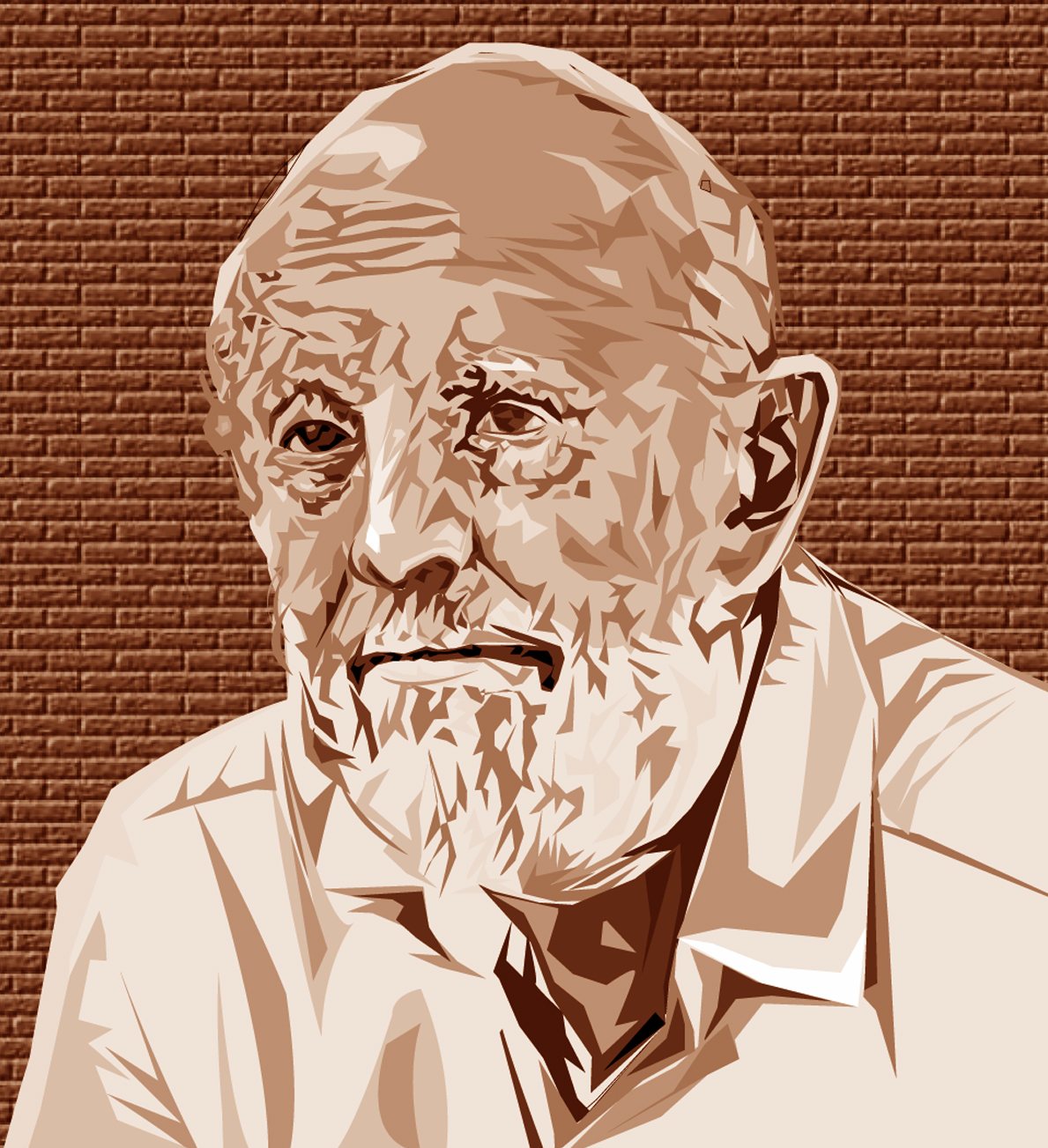 A portrait illustration of the architect Laurie Baker (1917–2007)