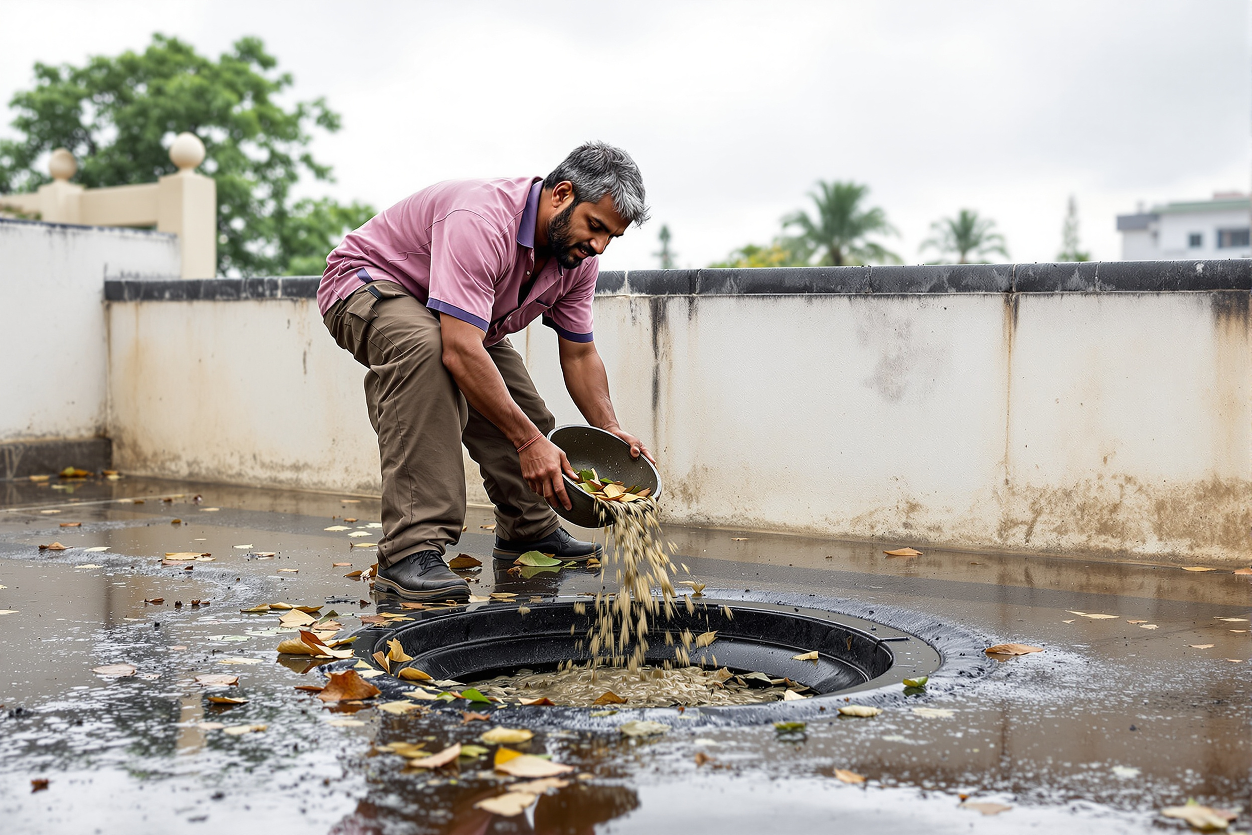 A workman desilting a choked terrace rainwater outlet after the monsoon at an Indian building