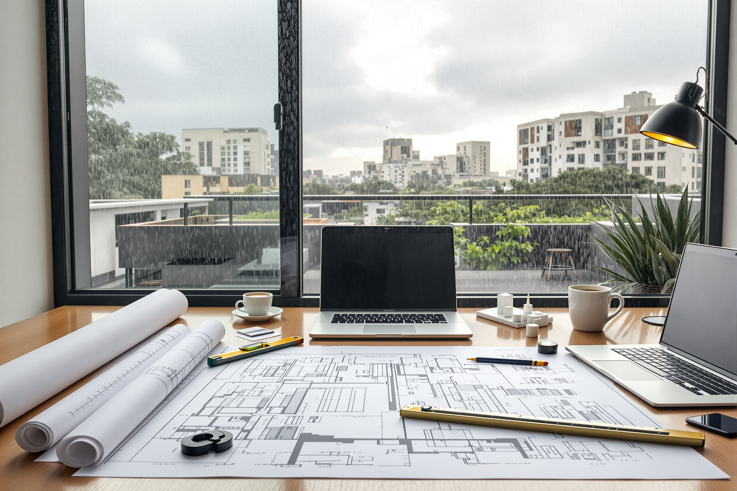 An architect's desk after the rain — rolled drawings, a level and a scale rule, a wet terrace seen through the window