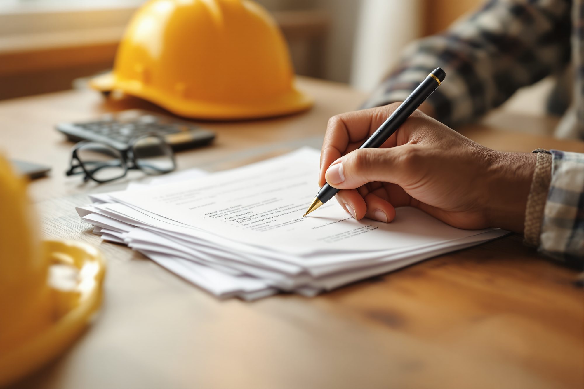 A hand with a pen reviewing a stack of construction papers on a wooden table, a calculator, reading glasses and a safety helmet beside them
