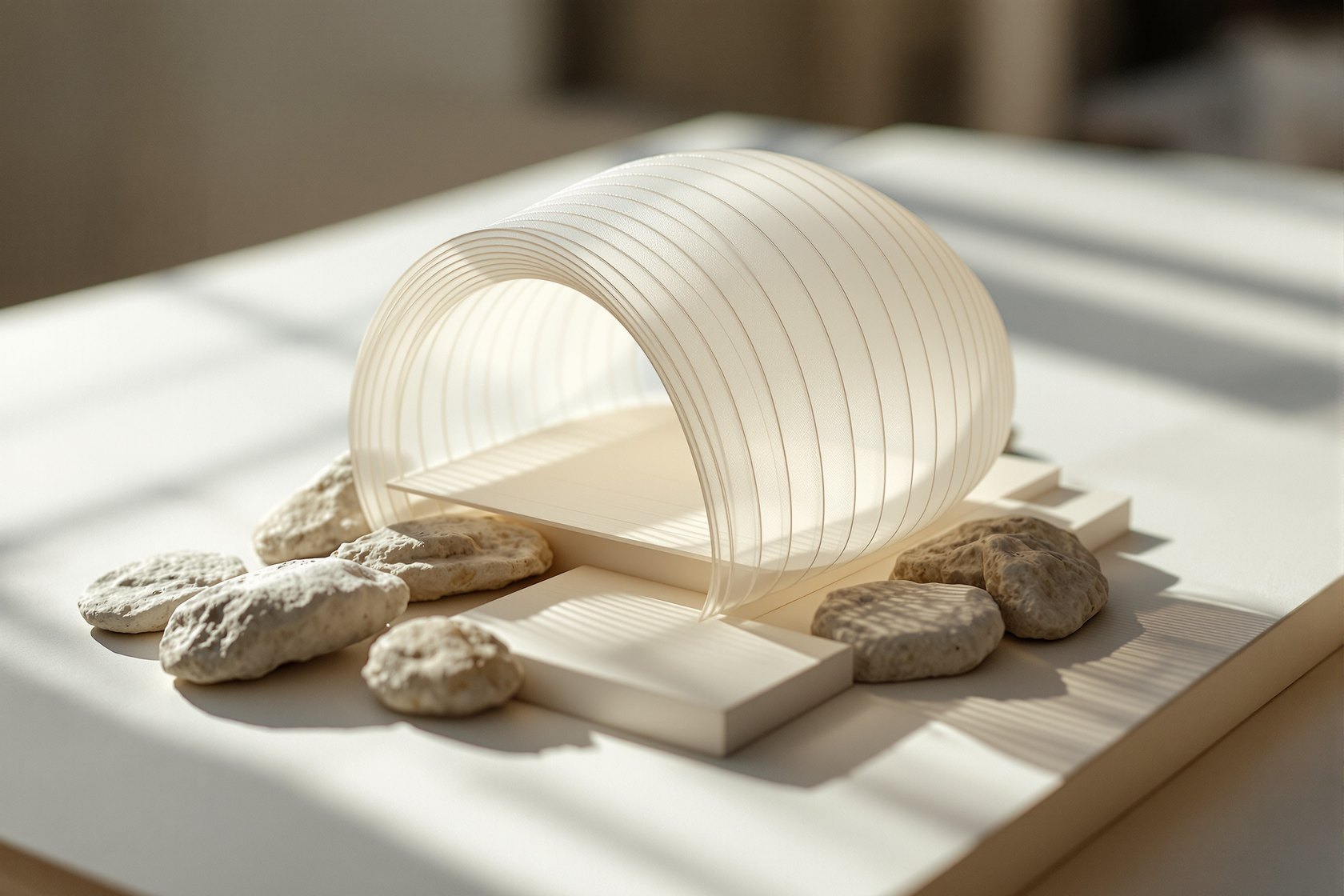 A fragile, translucent shell-like architectural study model resting on rough stones in a studio