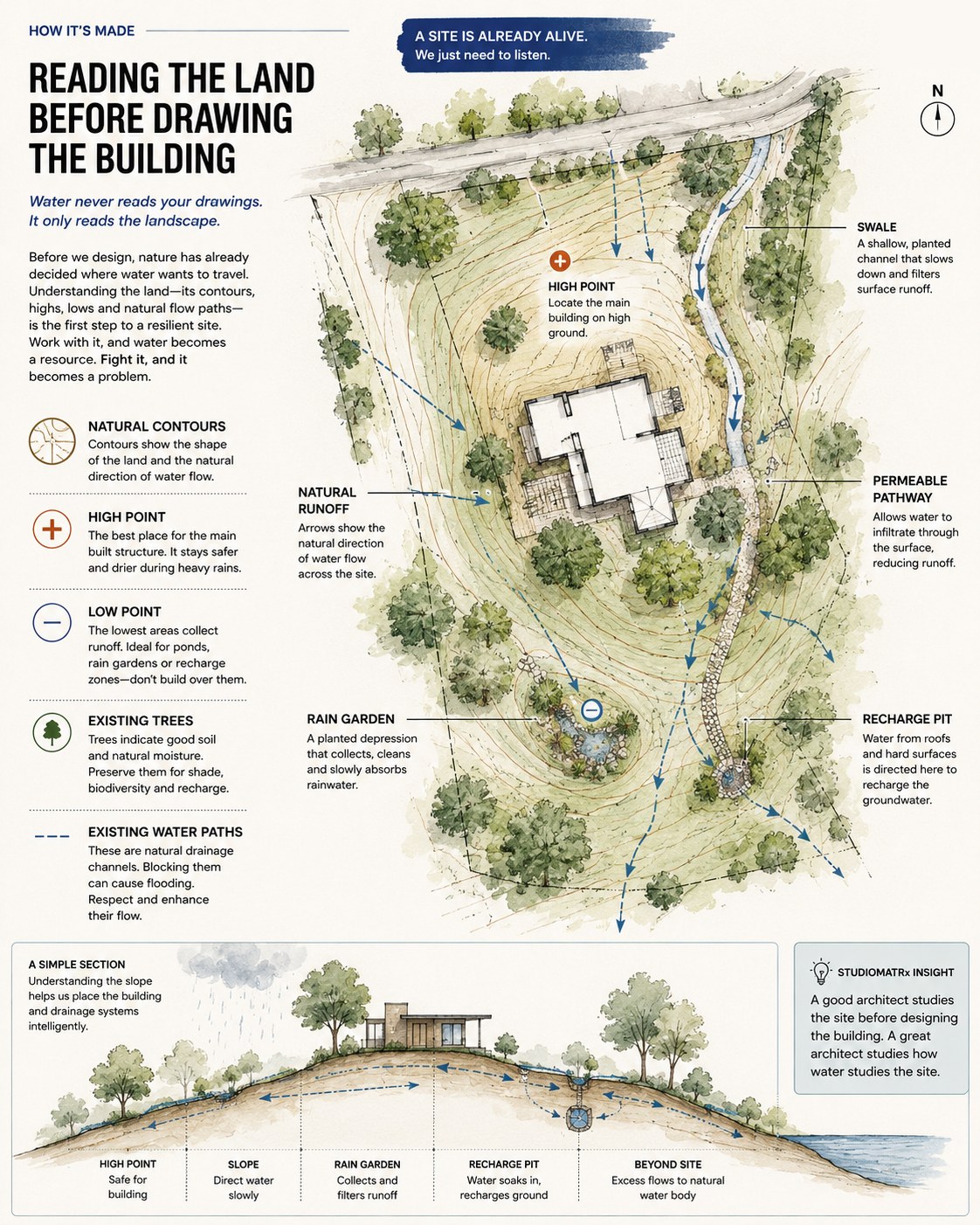 Illustrated spread — reading the land: contours, high and low points, existing trees and water paths, swale, rain garden and recharge pit