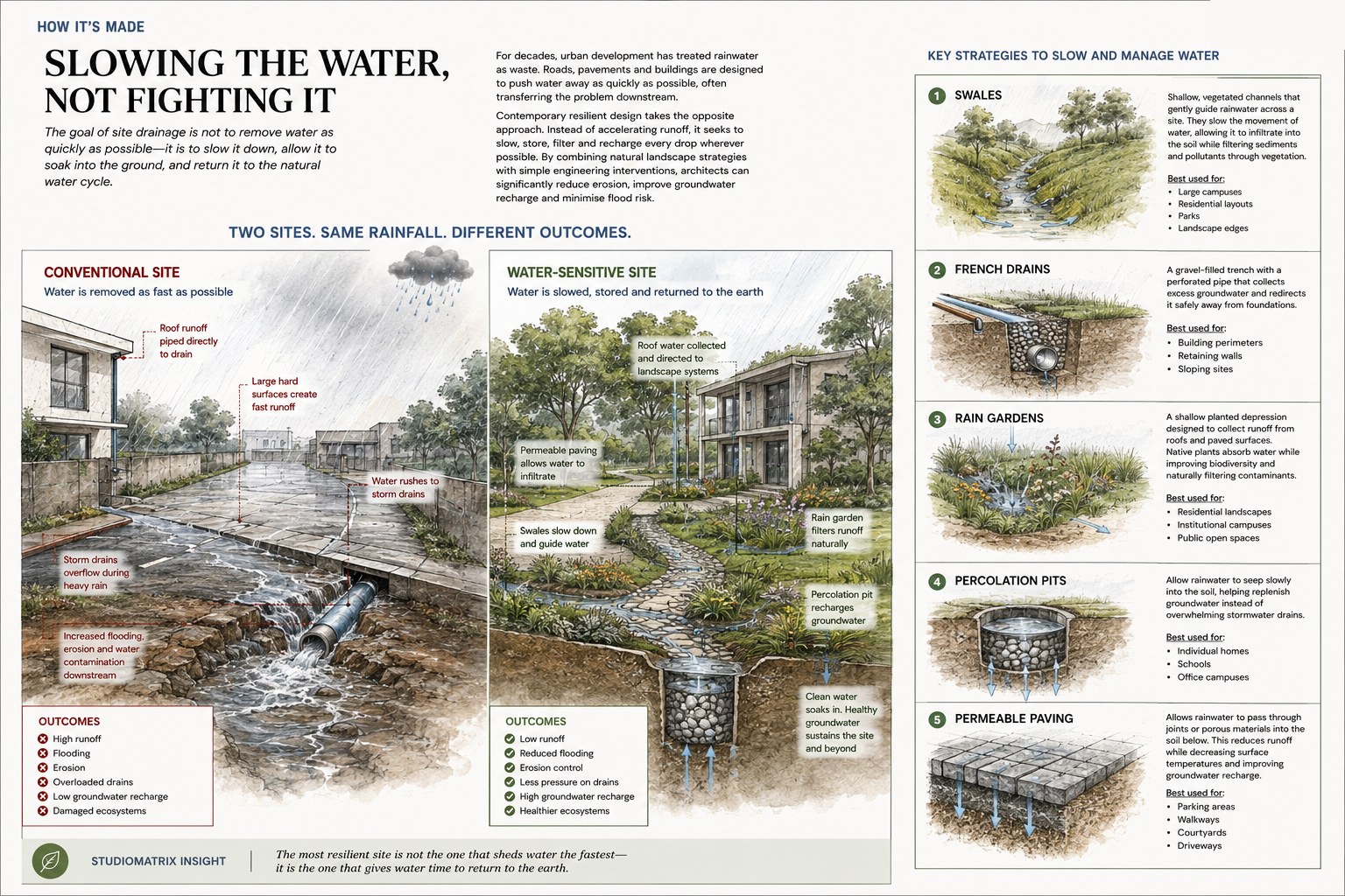 Illustrated spread — slowing the water: a conventional site versus a water-sensitive one, and the key strategies (swales, French drains, rain gardens, percolation pits, permeable paving)