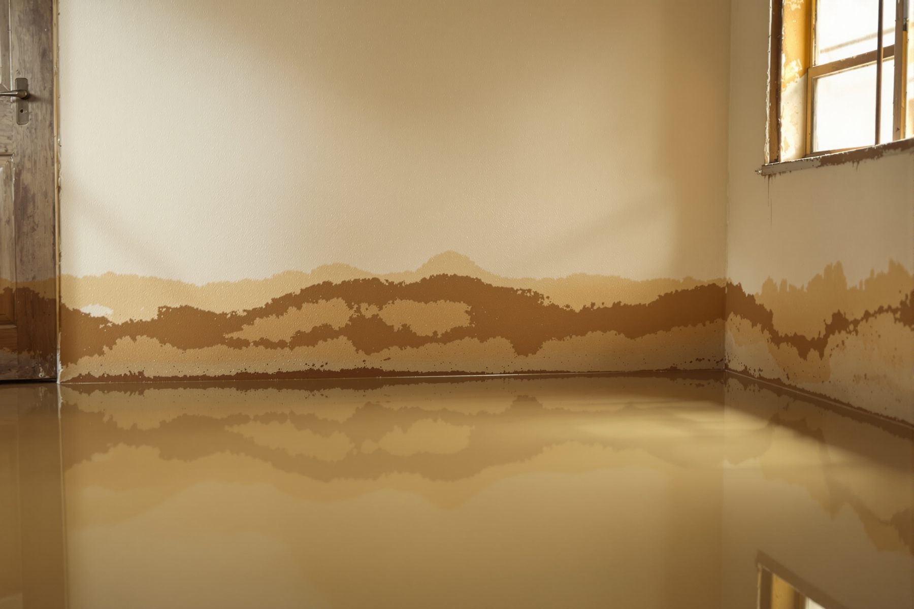 The marks a receding flood leaves inside a home — a watermark stain on a plastered wall and a line of silt along the floor