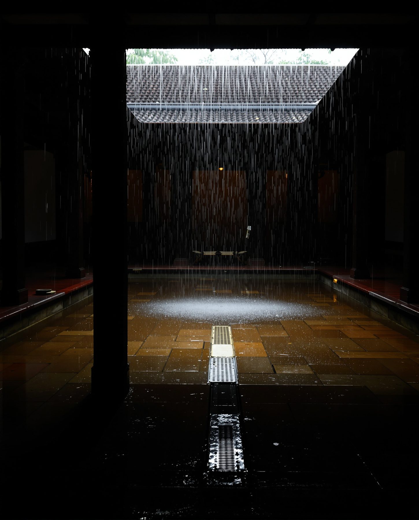 Monsoon rain falling into the open central courtyard of a traditional Indian house, designed to receive it