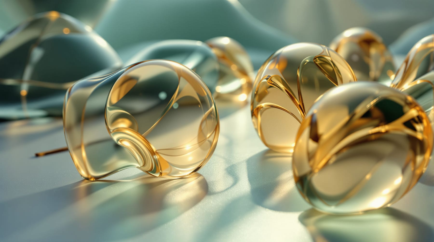 Glossy translucent amber and sea-green bioplastic forms catching soft light on a neutral surface