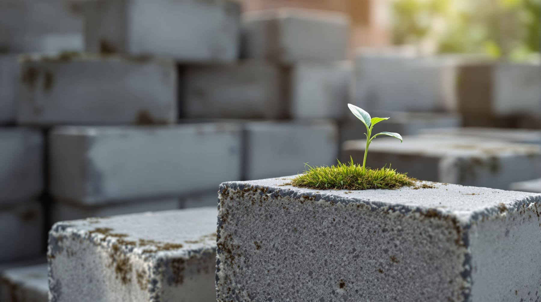 Stacked grey concrete blocks, one in the foreground carrying a tuft of moss and a small seedling
