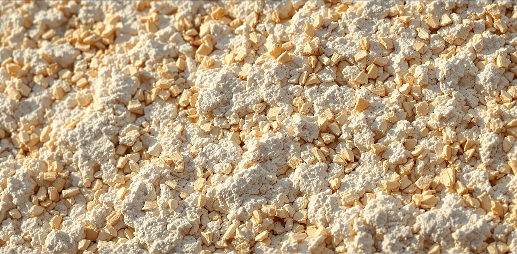 Macro close-up of a hempcrete surface — pale woody hemp-hurd chips bound in chalky off-white lime