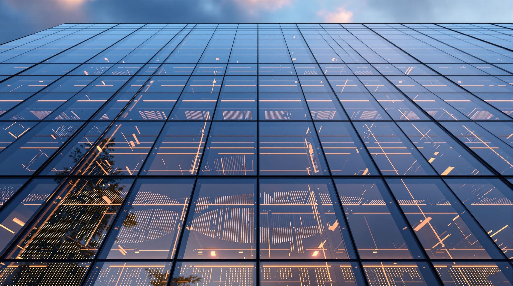 Looking up at a glass curtain-wall facade at dusk, the panels carrying a faint grid of photovoltaic cells and a warm glow