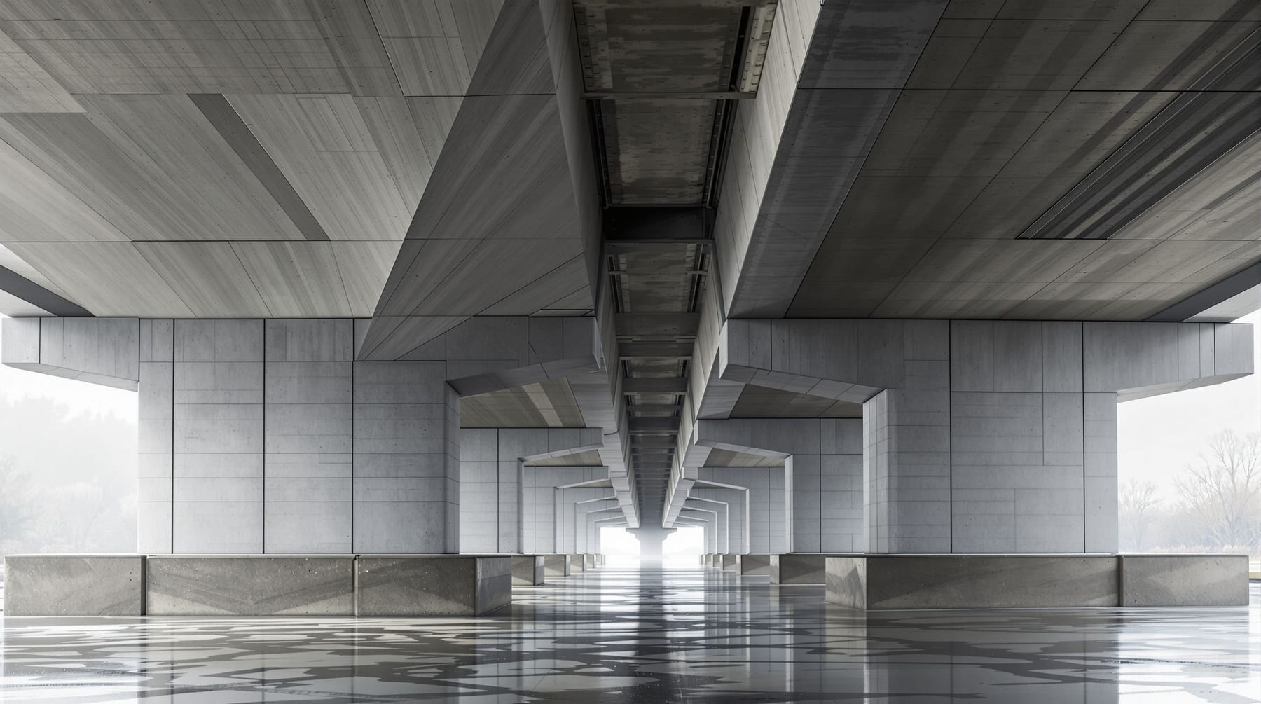 The smooth grey concrete underside of a large bridge structure, damp, seen from below