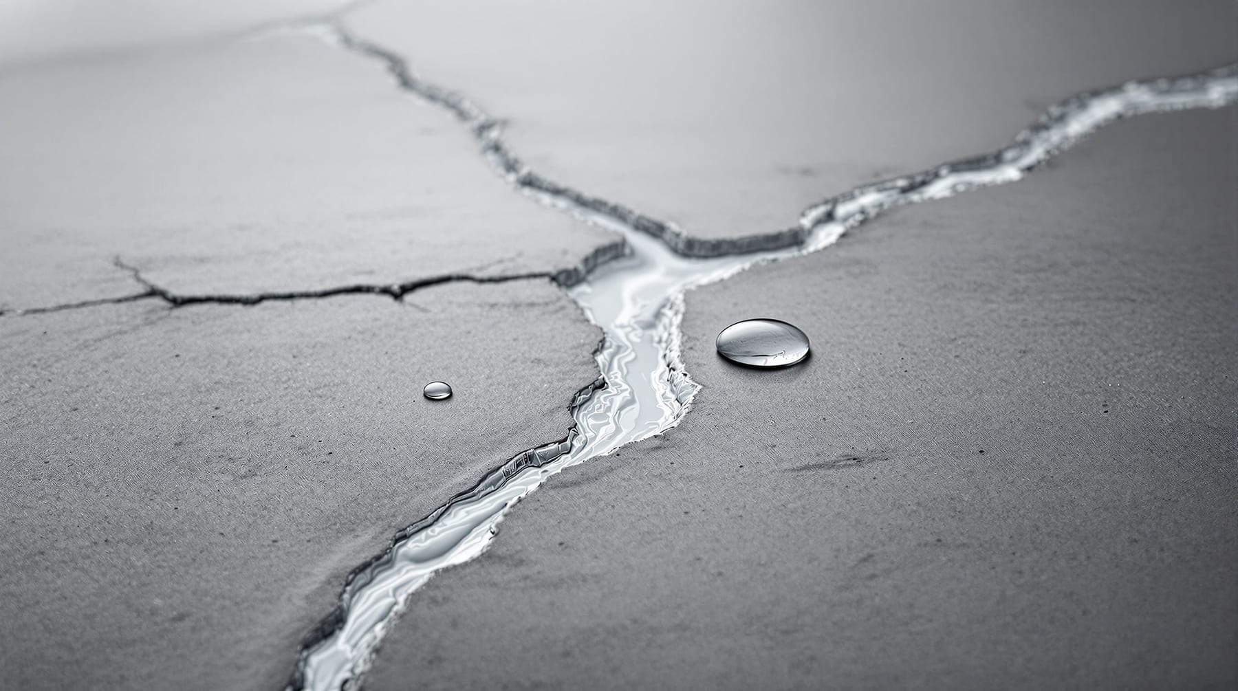 Macro close-up of a crack in concrete being sealed from within by a pale line of limestone mineral, with water droplets nearby