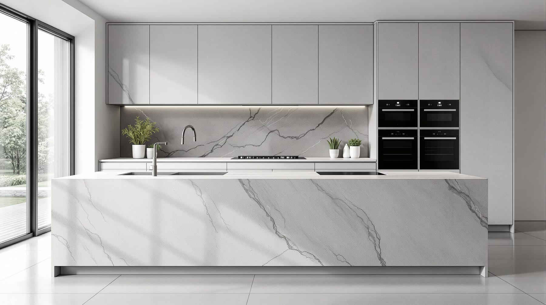 A sleek modern kitchen with a large seamless sintered-stone countertop and marbled backsplash