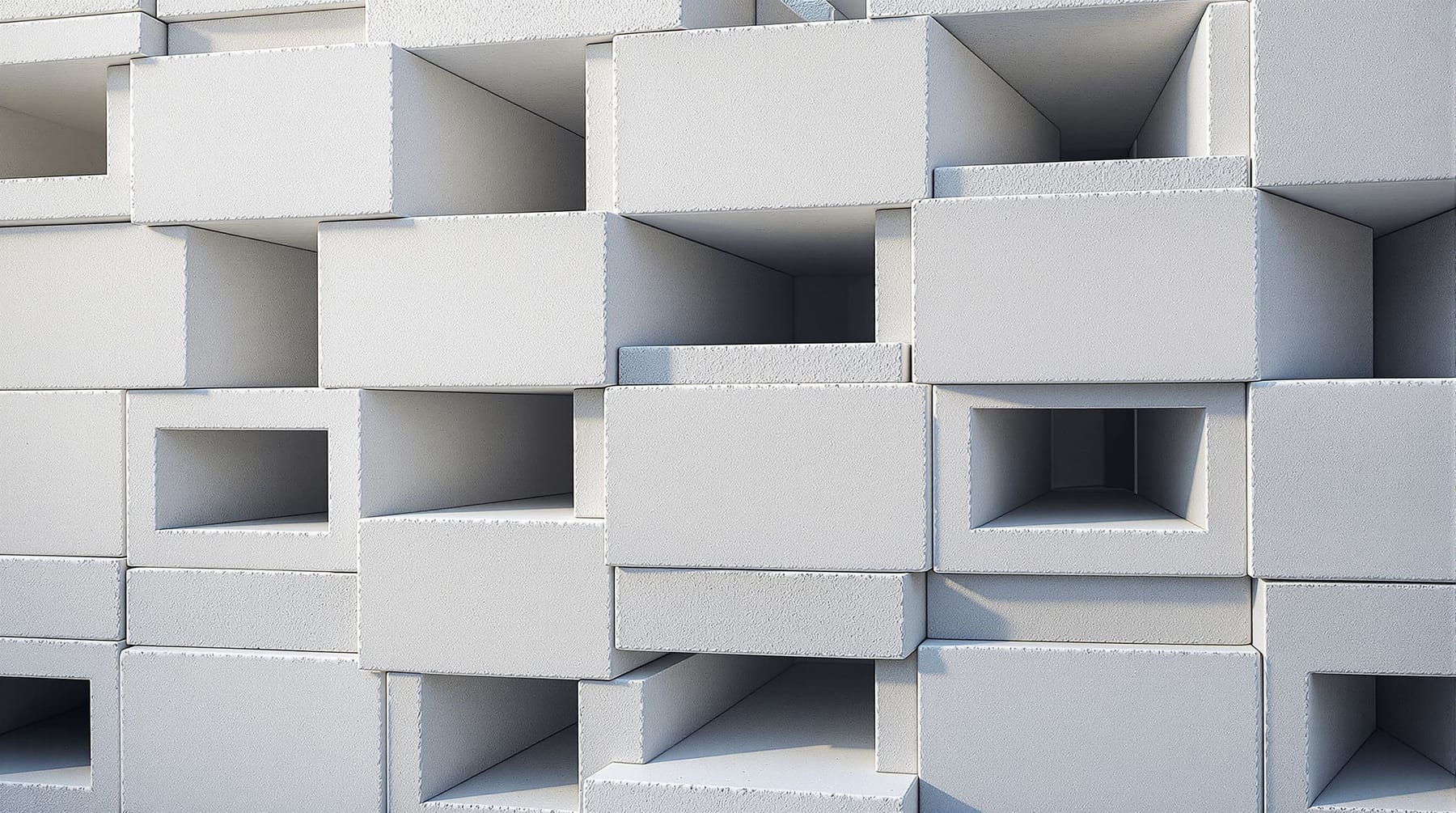 A partly-built wall of interlocking modular blocks mid-assembly, hollow channels visible through their cores