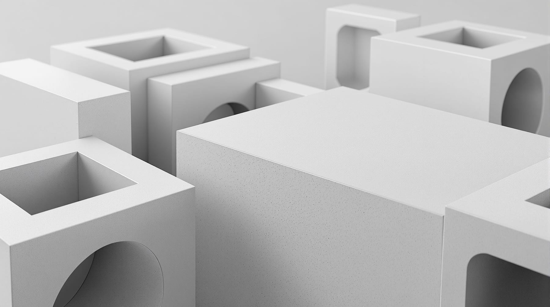 Clean pale-grey modular interlocking blocks fitted together, with hollow rectangular and round cavities through their cores
