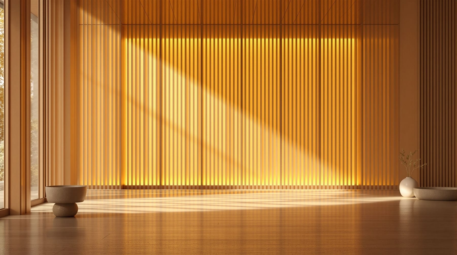 A calm interior lit softly through a glowing honey-toned translucent-wood panel wall
