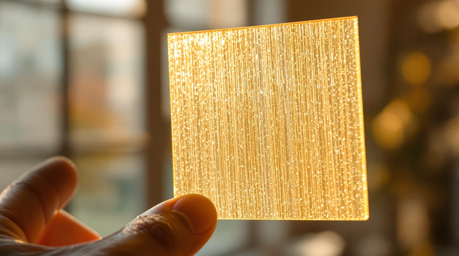 A thin panel of translucent wood held to warm light, glowing honey-coloured with the grain faintly visible as light passes through