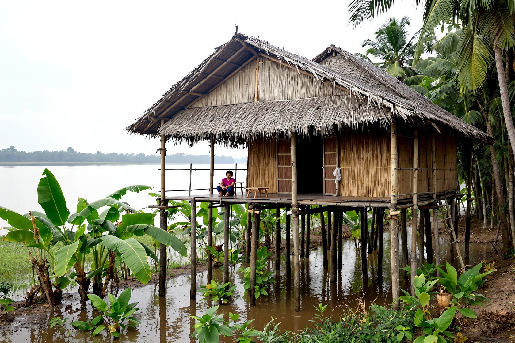A Mising tribe bamboo stilt house (chang ghar) raised on stilts beside the wide Brahmaputra on Majuli island, Assam