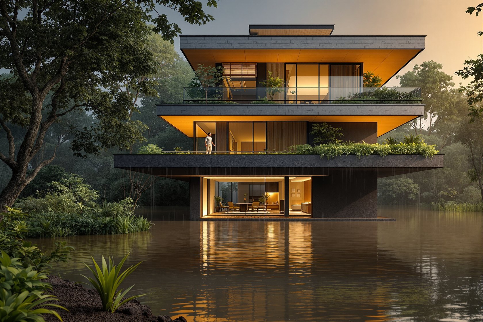 A house raised on a permeable plinth beside floodwater passing beneath an open ground storey, dry living floor above and a rain garden in front