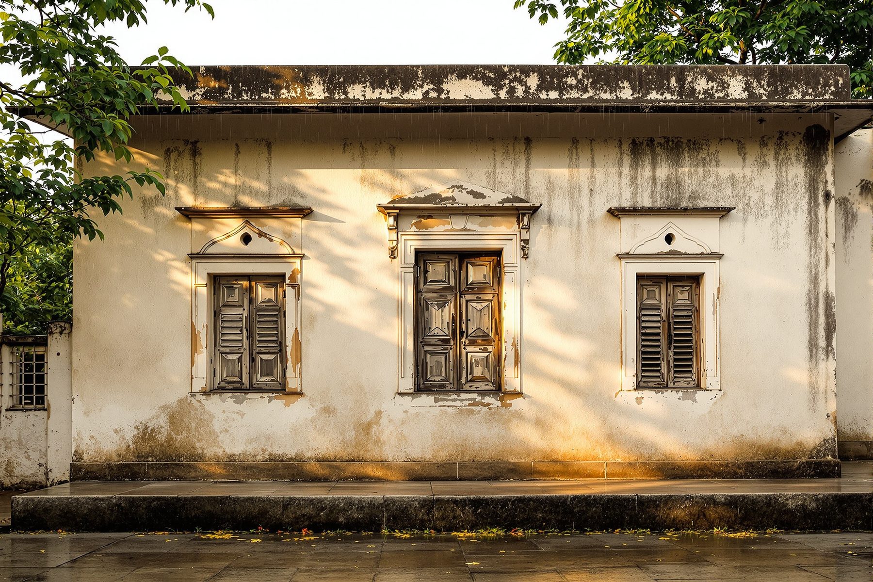 An old lime-plastered Indian building standing sound after many monsoons, its surface softly aged