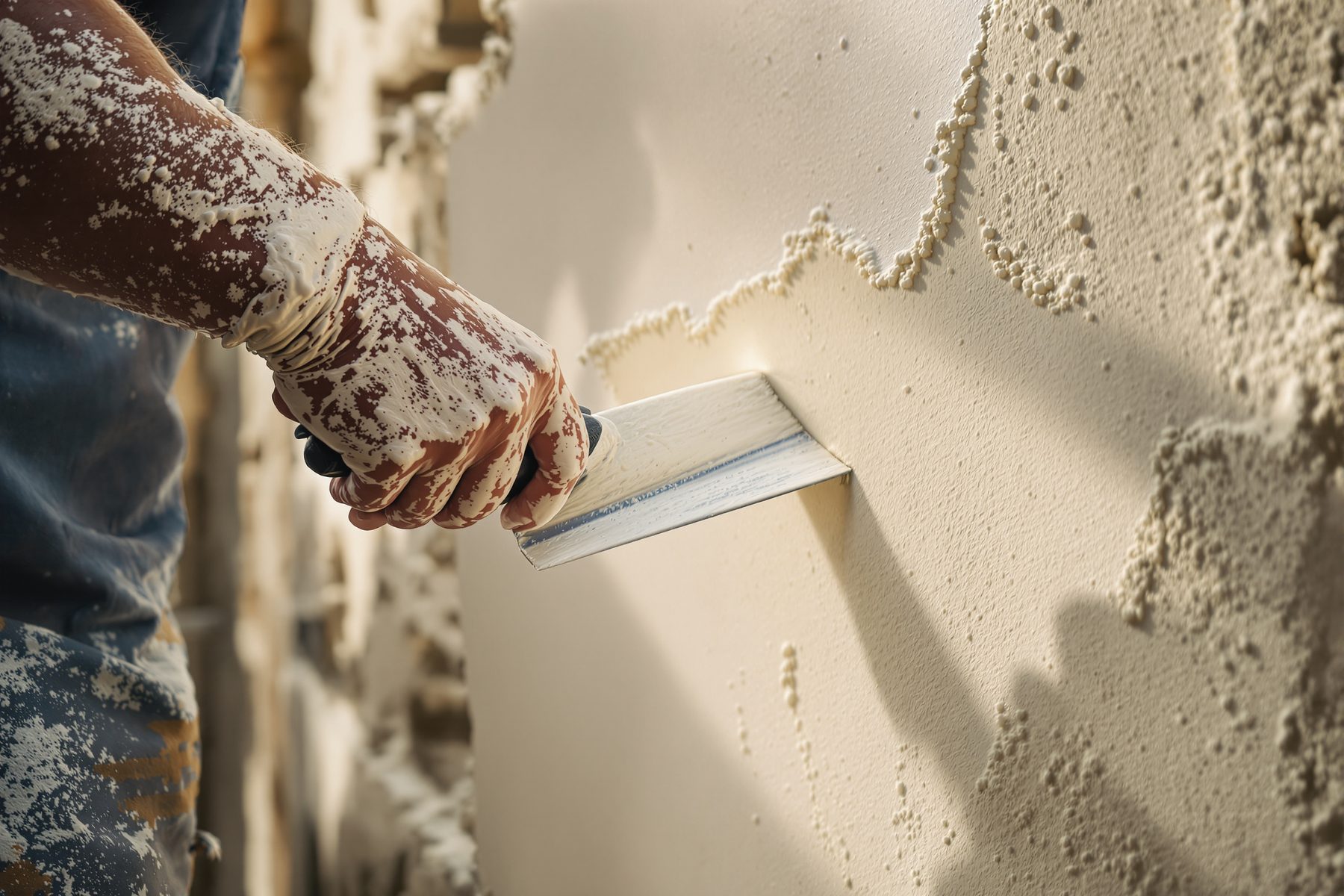 A mason trowelling fresh lime plaster onto a masonry wall, the pale render catching the light
