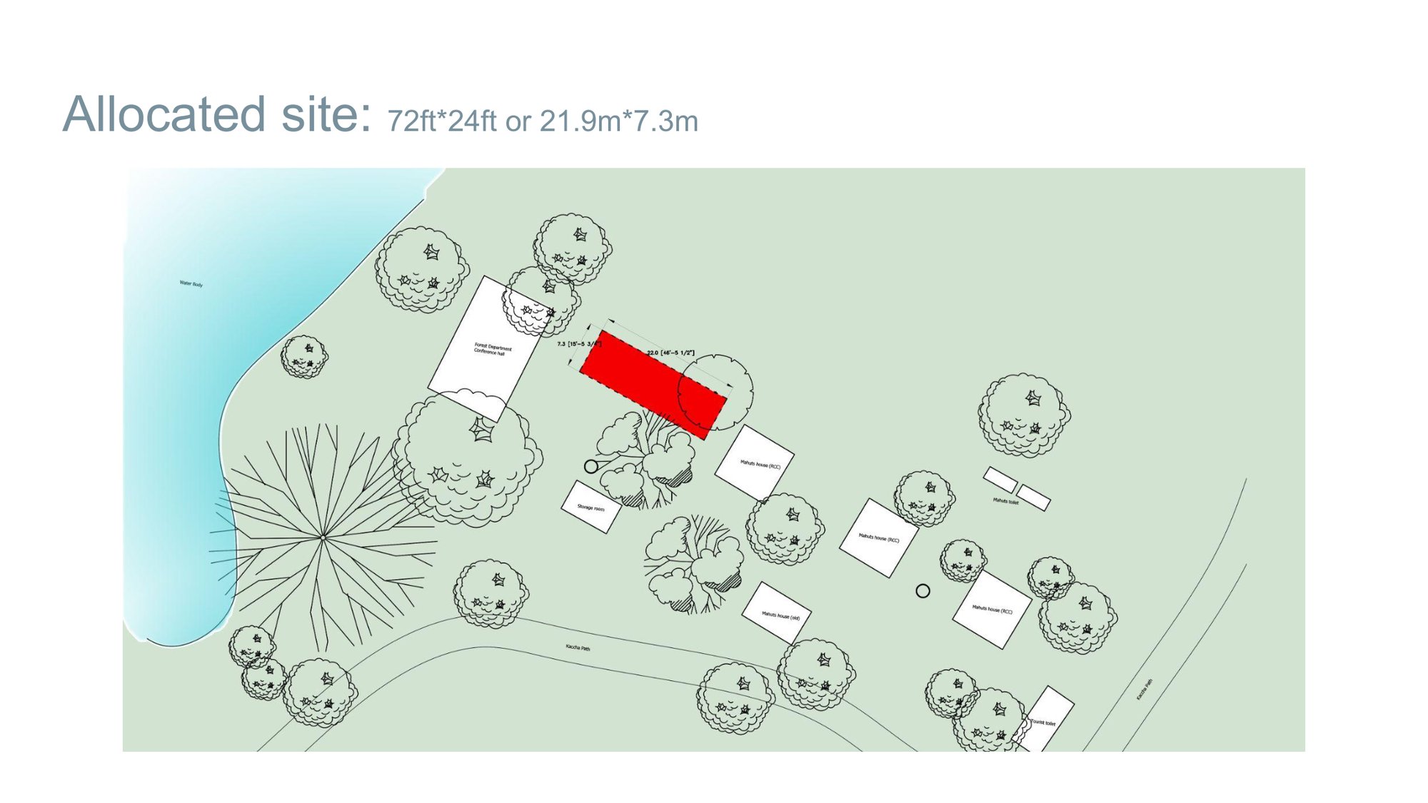 Diagram of the allocated site — a 72 by 24 ft plot on the water's edge, marked in red