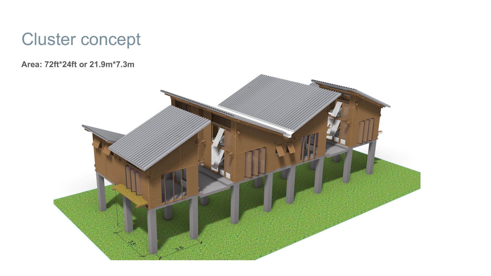 Three-dimensional concept view of the barrack cluster raised on columns with pitched roofs