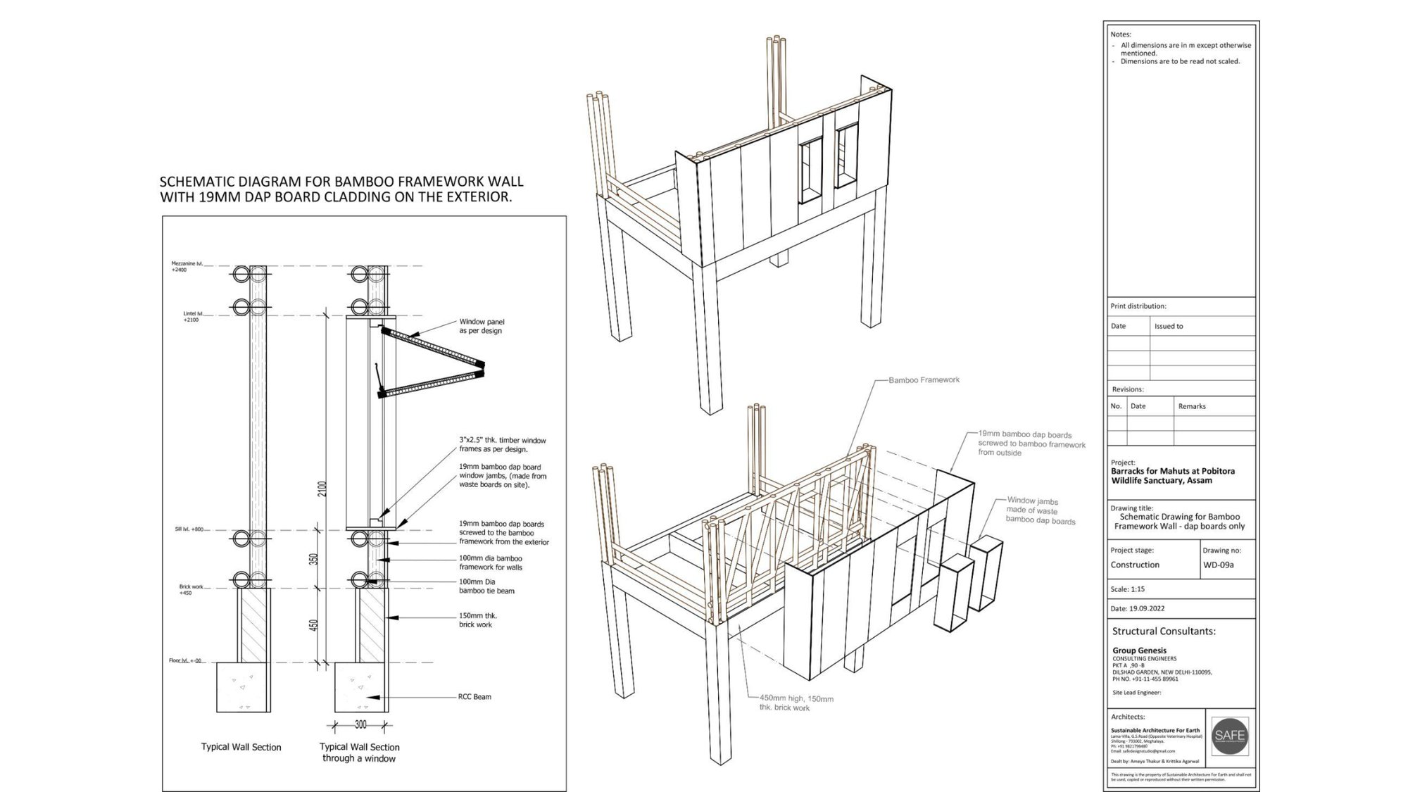 Schematic drawing of the bamboo framework wall and the raised, bamboo-framed structure