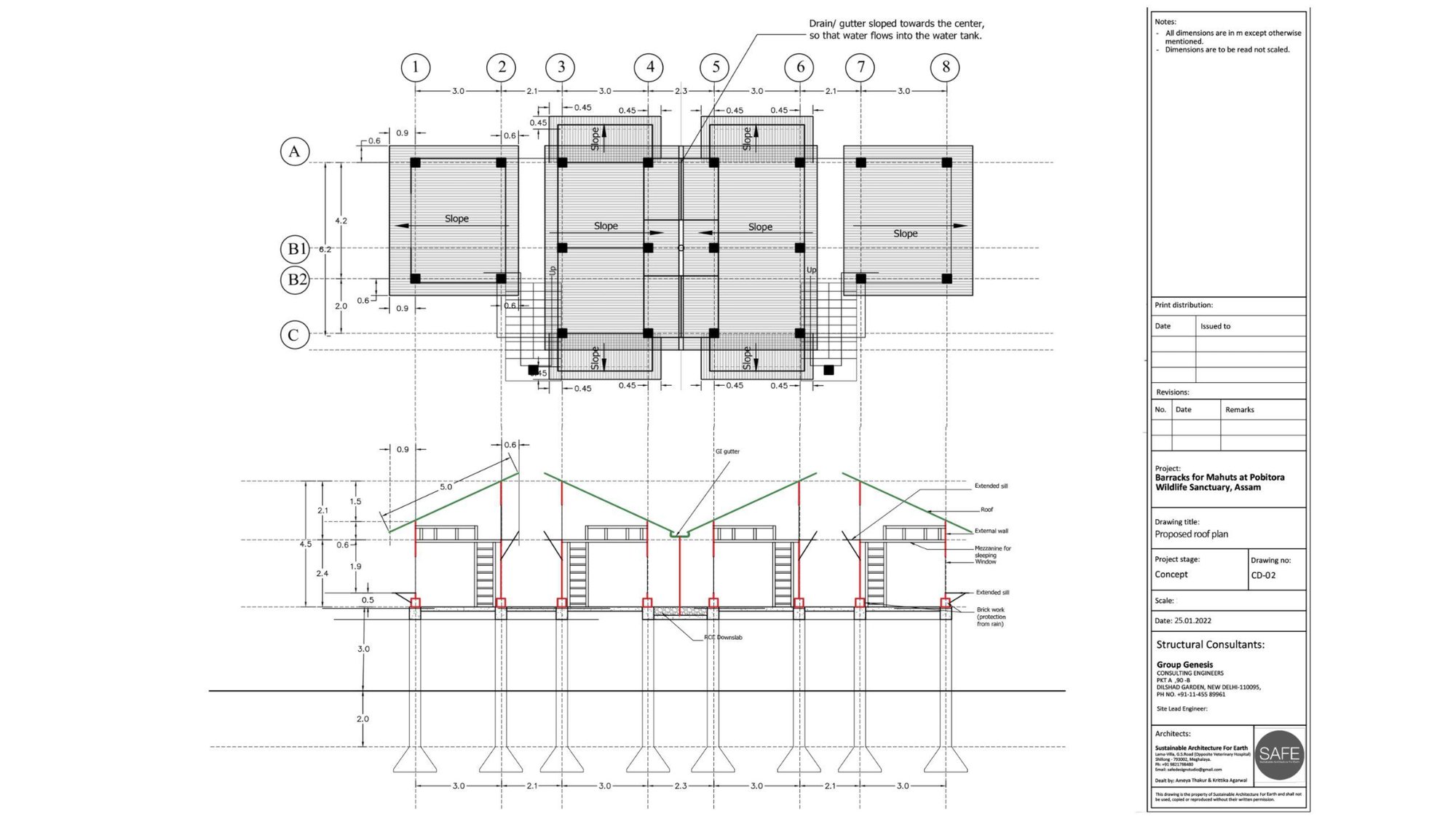 Elevation and plan drawing of the barrack cluster and its pitched roofs on the raised platform