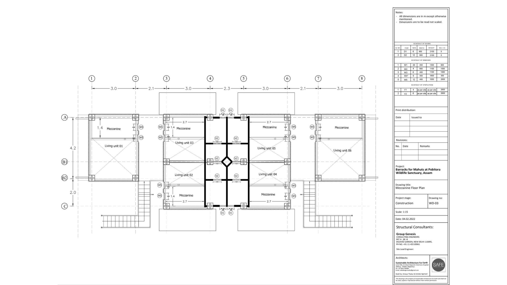 Floor plan of the barrack units — family units and dormitories arranged around shared circulation