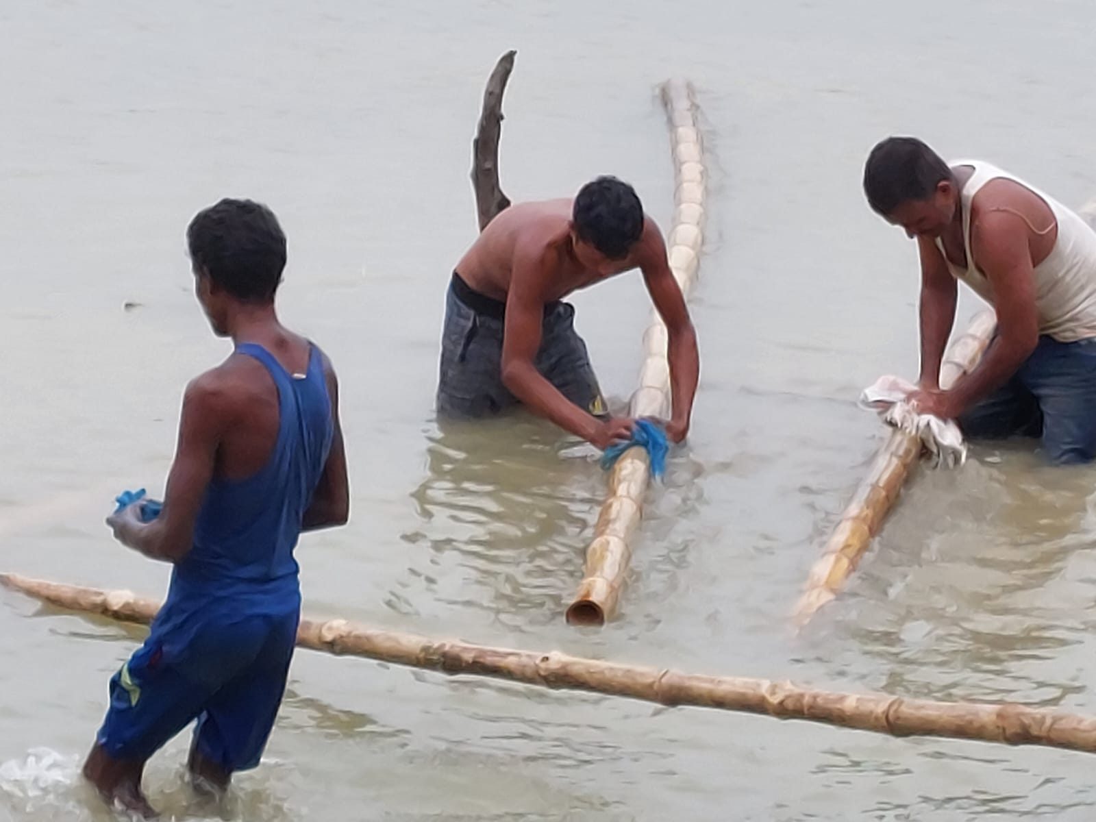 Workers curing lengths of bamboo in the river before construction