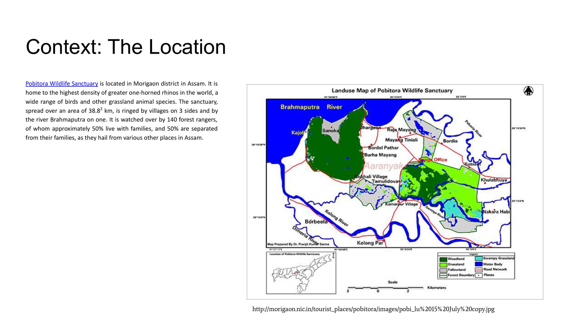 Location map of Pobitora Wildlife Sanctuary in the Brahmaputra floodplain of Morigaon district, Assam