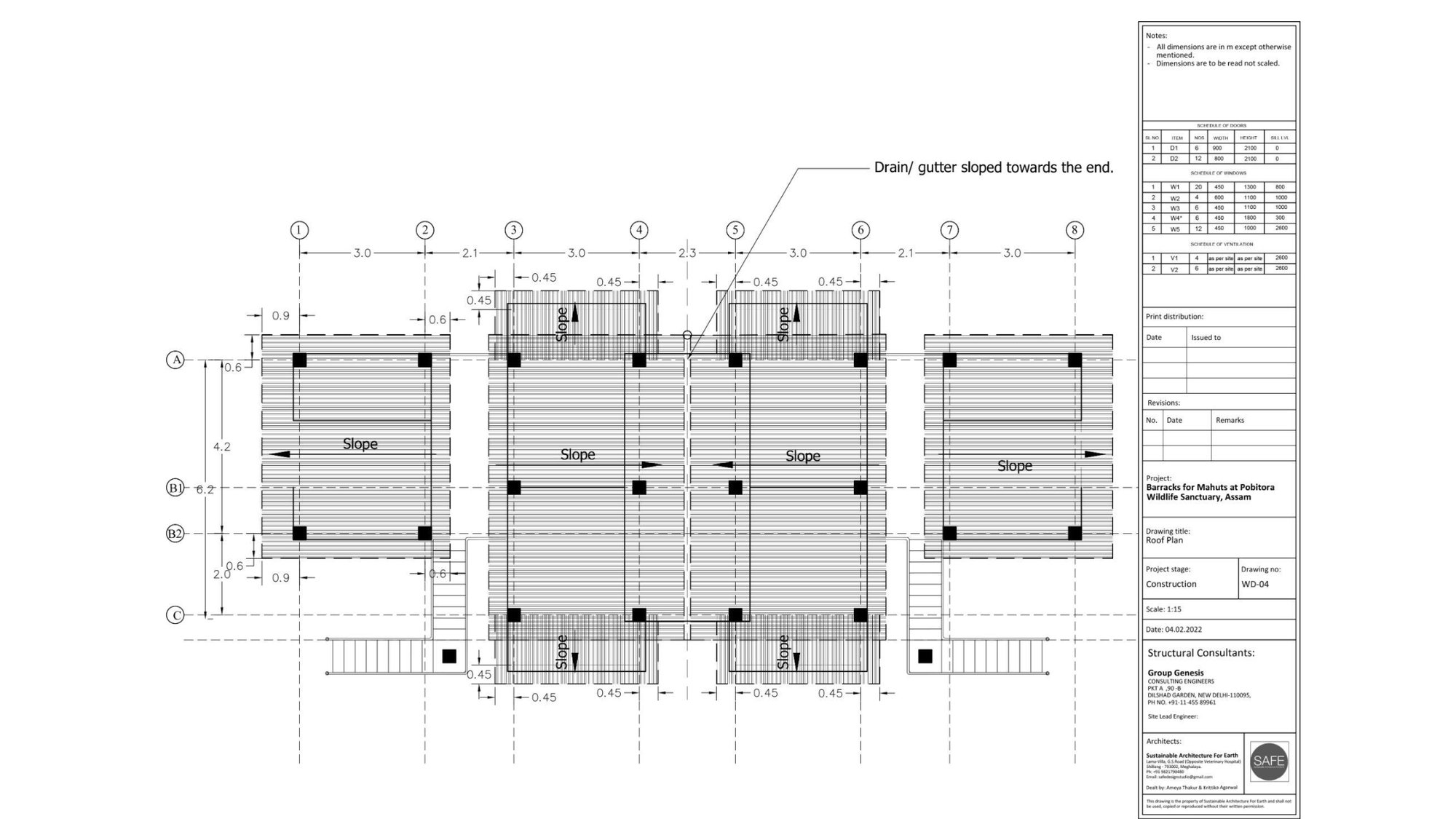 Roof plan showing the pitched roofs and gutters set to shed the monsoon