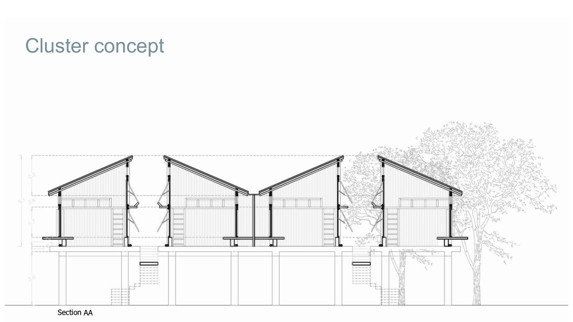 Section AA through the cluster showing the living floor raised on columns above the flood line