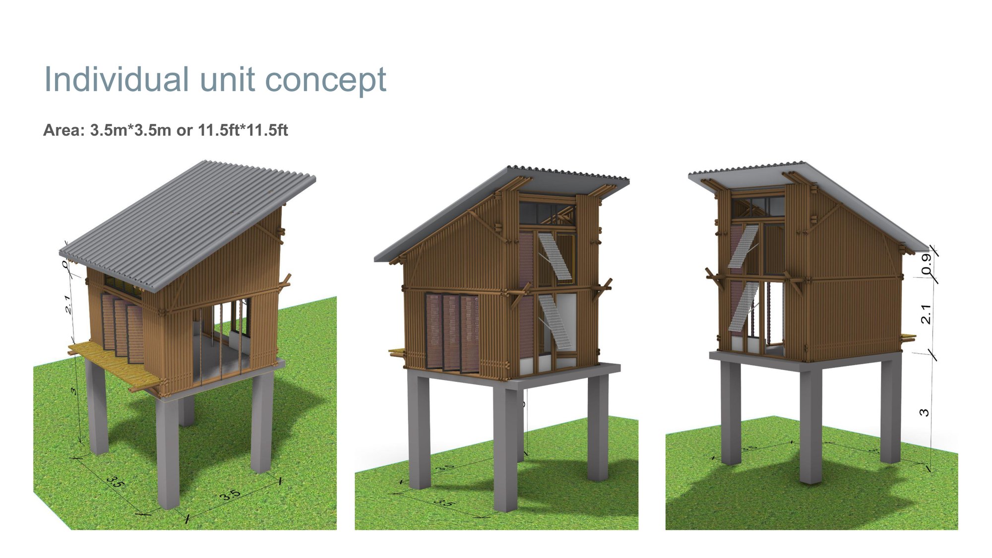 Three 3D views of a single dwelling unit raised on its columns