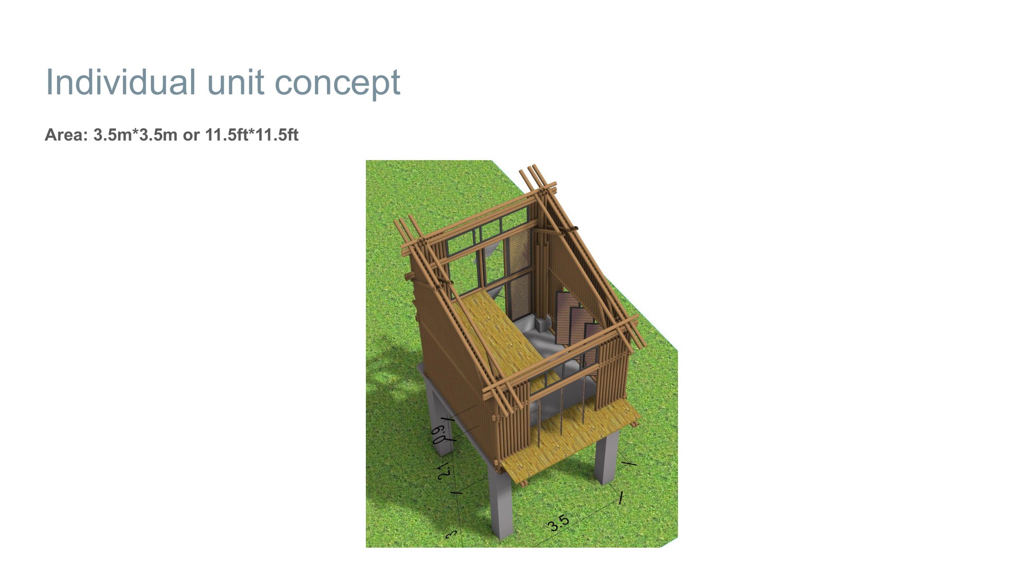 A cutaway perspective of a single unit showing the raised structure and interior