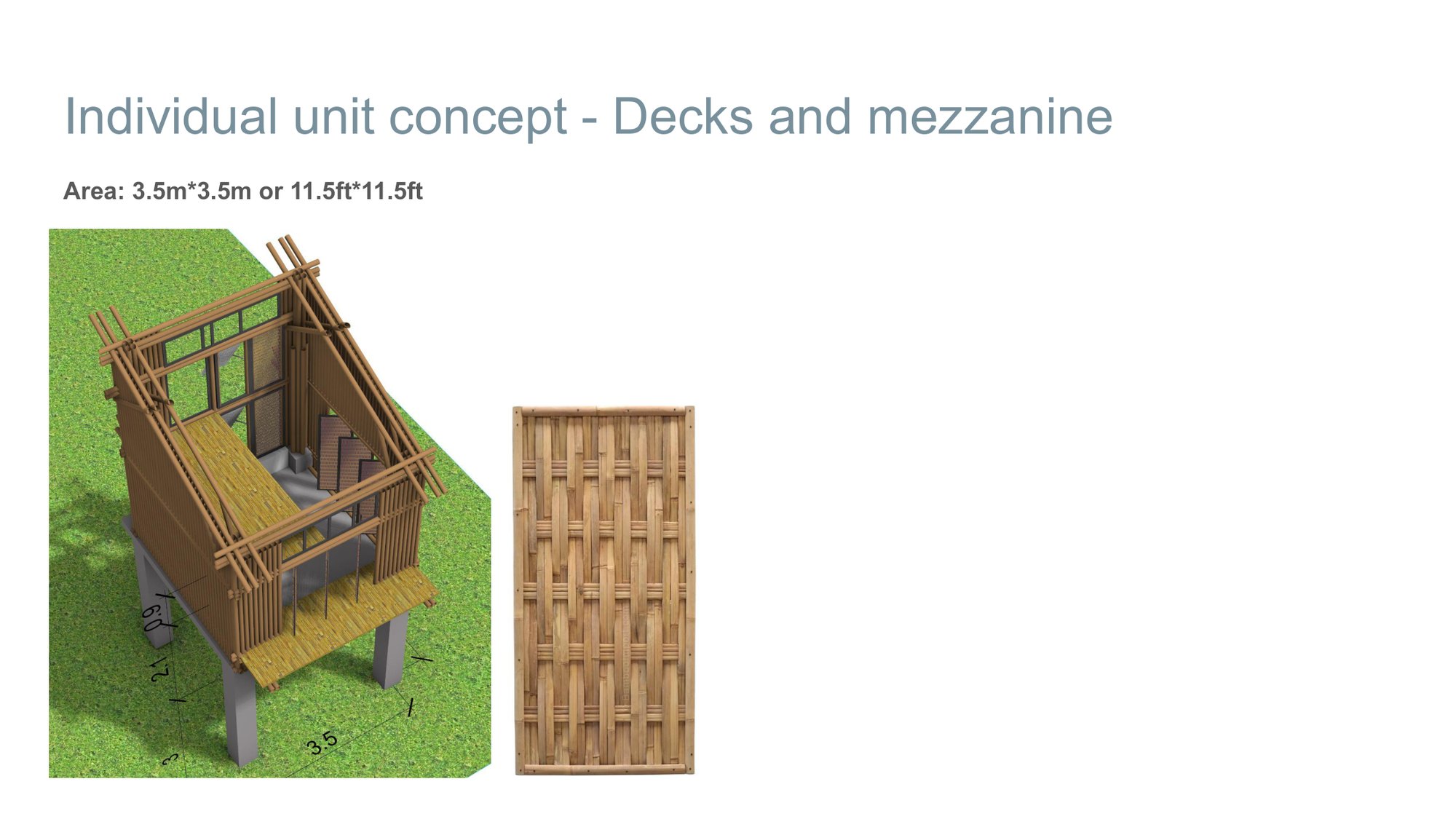 3D view of a unit's decks and mezzanine, with a woven-bamboo panel detail