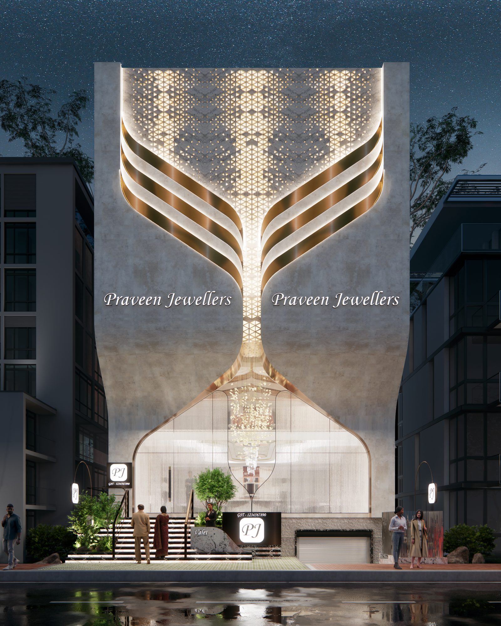 Night render of Praveen Jewellers in Bengaluru, a lit ribbon motif sweeping down the facade to an arched entrance