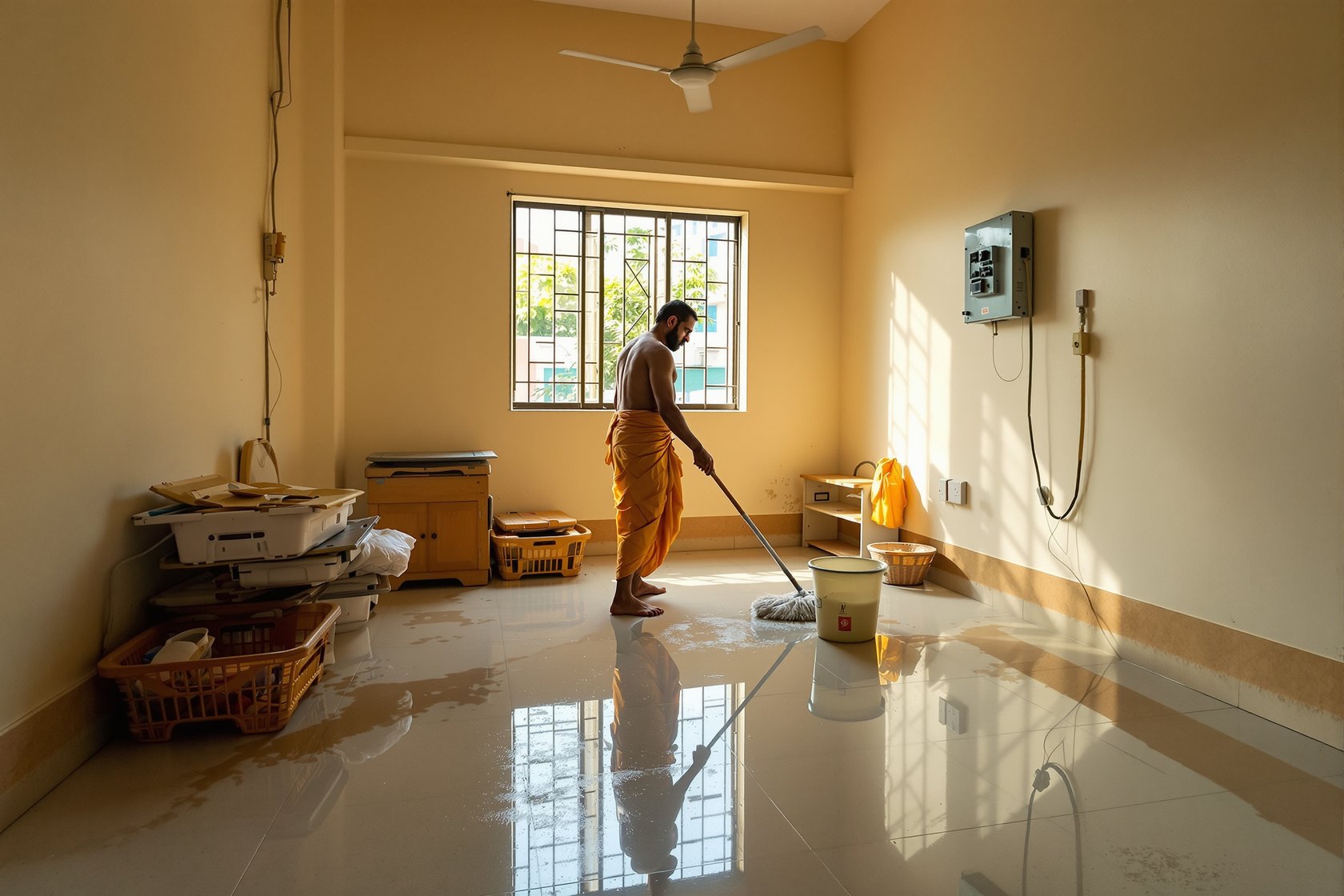 A South Indian ground-floor room being mopped the morning after a flood, the distribution board mounted high near the stairs
