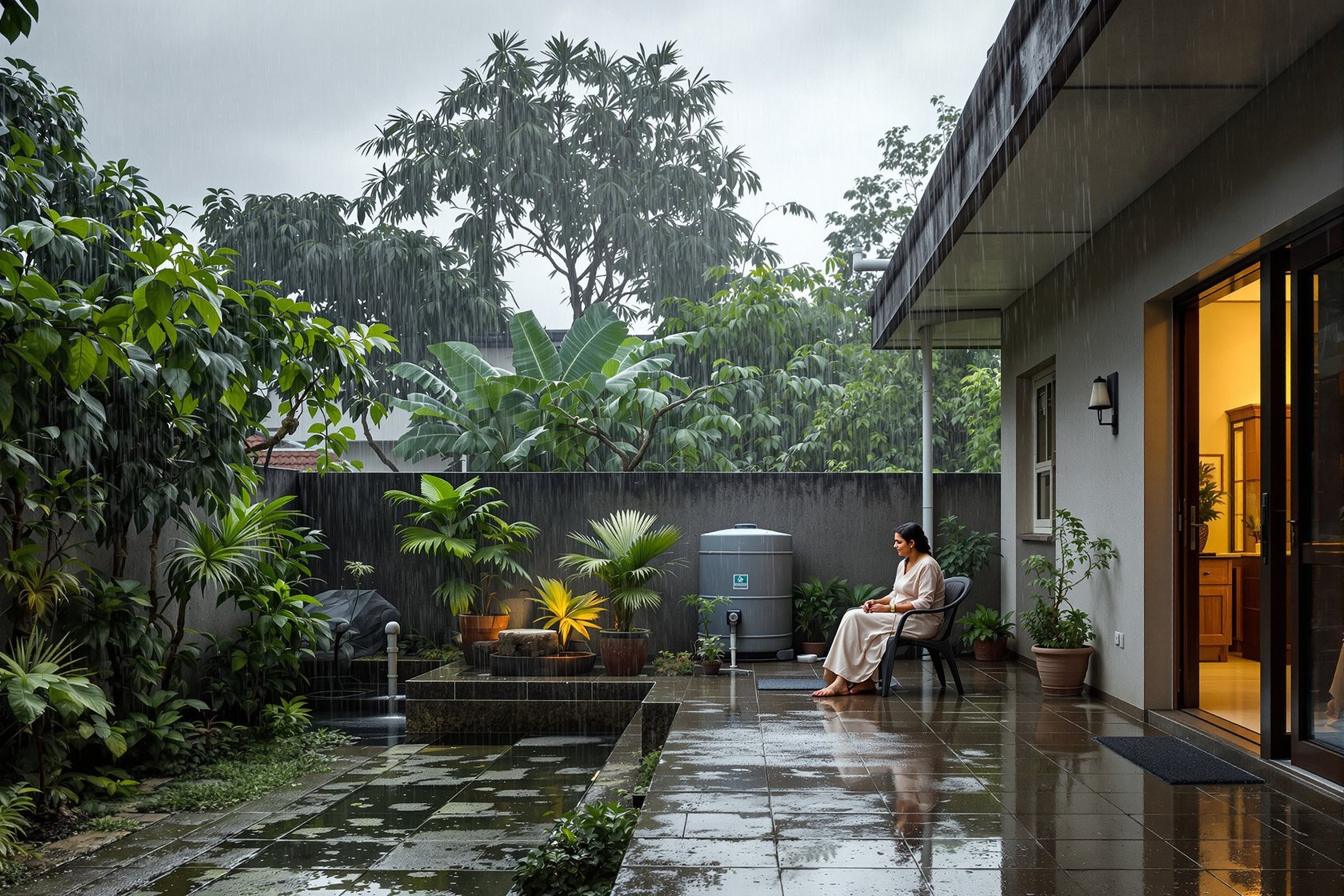 A Bengaluru terrace in the rain, roof water running to a downpipe and first-flush diverter with a storage tank and recharge pit in the yard