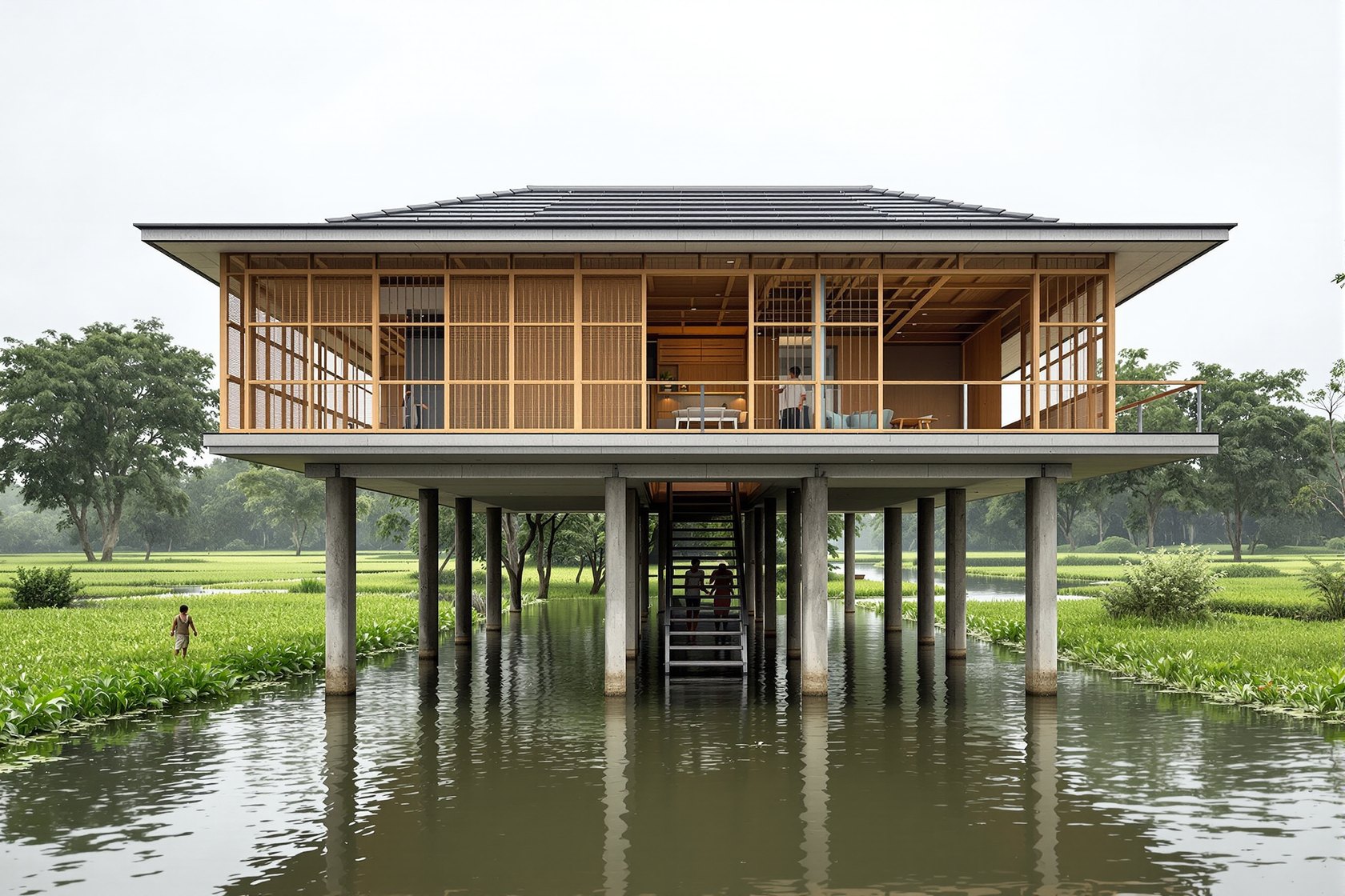 A contemporary house in Indian flood country raised on columns with an open ground level and the living floor above
