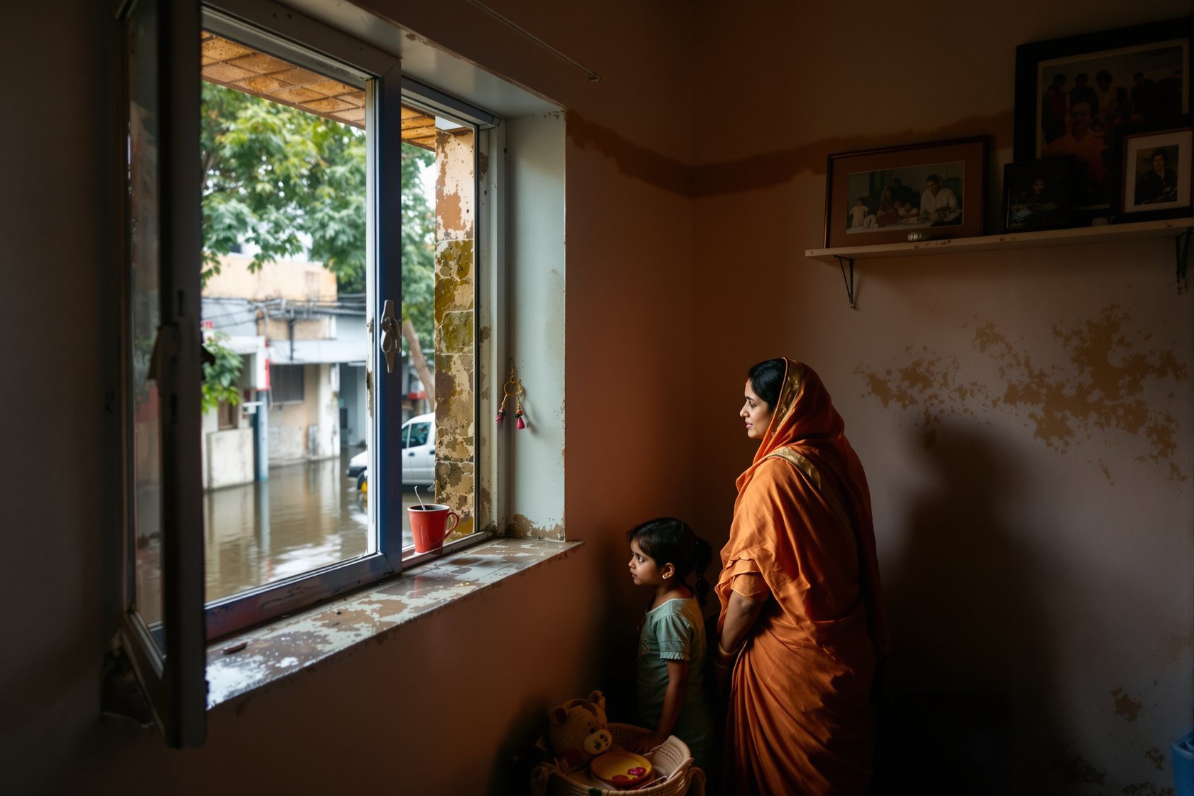 An Indian mother and her young daughter looking out at a flooded street from a raised upper floor, family photographs dry on a shelf